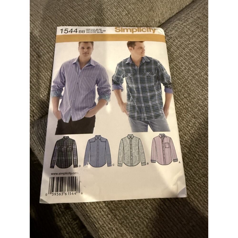 Simplicity 1544 Mens Shirt Pattern Size 44-52 Big Tall Button Front Uncut
